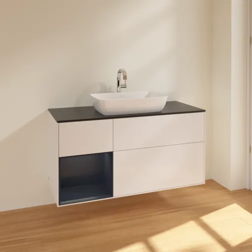Bild von VILLEROY BOCH Finion Waschbeckenunterschrank, mit Beleuchtung, 3 Auszüge, 1200 x 603 x 501 mm, Glossy White Lacquer / Midnight Blue Matt Lacquer / Glass Black Matt #F822HGGF