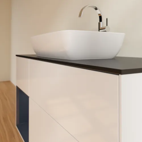 Bild von VILLEROY BOCH Finion Waschbeckenunterschrank, mit Beleuchtung, 3 Auszüge, 1200 x 603 x 501 mm, Glossy White Lacquer / Midnight Blue Matt Lacquer / Glass Black Matt #F822HGGF