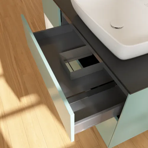 Bild von VILLEROY BOCH Finion Waschbeckenunterschrank, mit Beleuchtung, 3 Auszüge, 1200 x 603 x 501 mm, Olive Matt Lacquer / White Matt Lacquer / Glass Black Matt #F802MTGM
