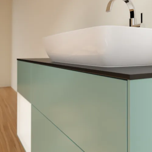 Bild von VILLEROY BOCH Finion Waschbeckenunterschrank, mit Beleuchtung, 3 Auszüge, 1200 x 603 x 501 mm, Olive Matt Lacquer / White Matt Lacquer / Glass Black Matt #F802MTGM