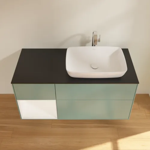 Bild von VILLEROY BOCH Finion Waschbeckenunterschrank, mit Beleuchtung, 3 Auszüge, 1200 x 603 x 501 mm, Olive Matt Lacquer / White Matt Lacquer / Glass Black Matt #F802MTGM