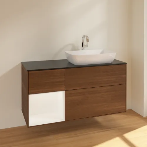 VILLEROY BOCH Finion Waschbeckenunterschrank, mit Beleuchtung, 3 Auszüge, 1200 x 603 x 501 mm, Walnut Veneer / White Matt Lacquer / Glass Black Matt #F802MTGN, Bild 2