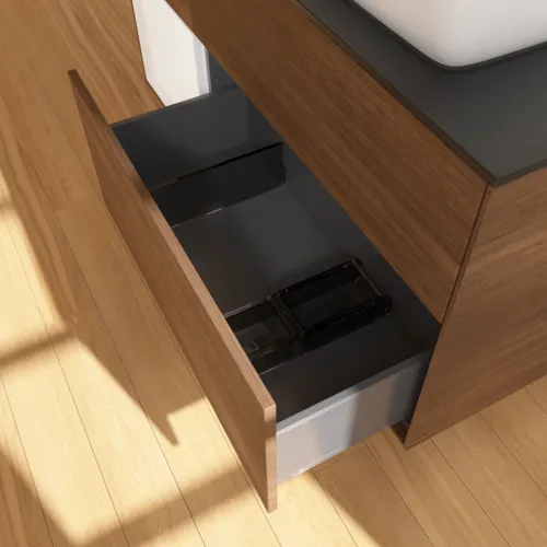 VILLEROY BOCH Finion Waschbeckenunterschrank, mit Beleuchtung, 3 Auszüge, 1200 x 603 x 501 mm, Walnut Veneer / White Matt Lacquer / Glass Black Matt #F802MTGN, Bild 4