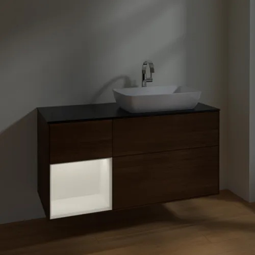 VILLEROY BOCH Finion Waschbeckenunterschrank, mit Beleuchtung, 3 Auszüge, 1200 x 603 x 501 mm, Walnut Veneer / White Matt Lacquer / Glass Black Matt #F802MTGN, Bild 3