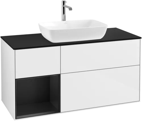 Obrázek VILLEROY BOCH Toaletní skříňka Finion, s osvětlením, 3 výsuvy, 1200 x 603 x 501 mm, lesklý bílý lak / černý matný lak / černé matné sklo #F822PDGF