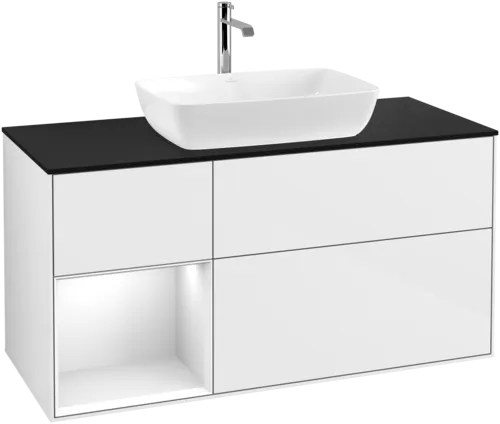 Obrázek VILLEROY BOCH Toaletní skříňka Finion, s osvětlením, 3 výsuvy, 1200 x 603 x 501 mm, lesklý bílý lak / lesklý bílý lak / sklo černé matné #F822GFGF