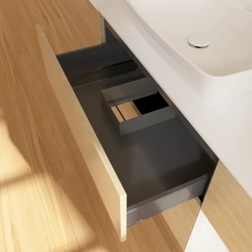VILLEROY BOCH Finion Waschbeckenunterschrank, mit Beleuchtung, 3 Auszüge, 1200 x 603 x 501 mm, Oak Veneer / White Matt Lacquer / Glass White Matt #F811MTPC, Bild 8