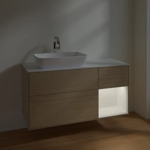 VILLEROY BOCH Finion Waschbeckenunterschrank, mit Beleuchtung, 3 Auszüge, 1200 x 603 x 501 mm, Oak Veneer / White Matt Lacquer / Glass White Matt #F811MTPC, Bild 5