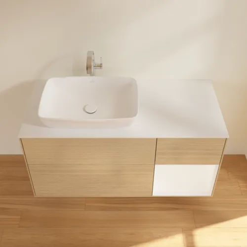 VILLEROY BOCH Finion Waschbeckenunterschrank, mit Beleuchtung, 3 Auszüge, 1200 x 603 x 501 mm, Oak Veneer / White Matt Lacquer / Glass White Matt #F811MTPC, Bild 4