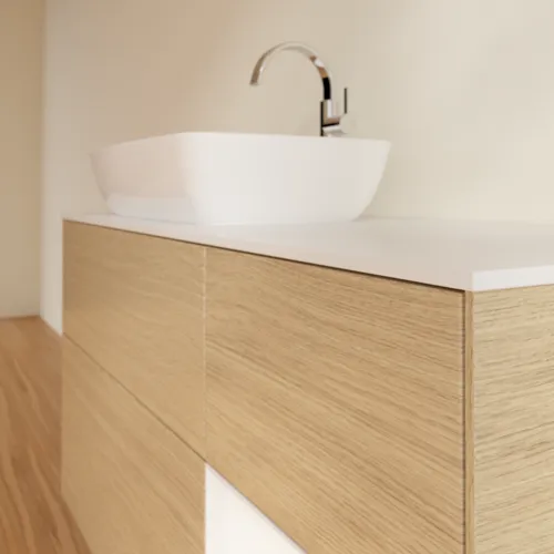 VILLEROY BOCH Finion Waschbeckenunterschrank, mit Beleuchtung, 3 Auszüge, 1200 x 603 x 501 mm, Oak Veneer / White Matt Lacquer / Glass White Matt #F811MTPC, Bild 6