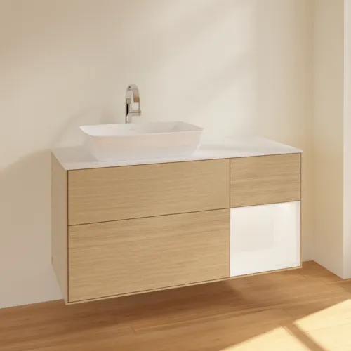 VILLEROY BOCH Finion Waschbeckenunterschrank, mit Beleuchtung, 3 Auszüge, 1200 x 603 x 501 mm, Oak Veneer / White Matt Lacquer / Glass White Matt #F811MTPC, Bild 2