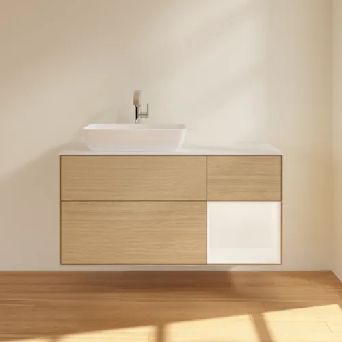 VILLEROY BOCH Finion Waschbeckenunterschrank, mit Beleuchtung, 3 Auszüge, 1200 x 603 x 501 mm, Oak Veneer / White Matt Lacquer / Glass White Matt #F811MTPC, Bild 3