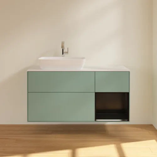 VILLEROY BOCH Finion Waschbeckenunterschrank, mit Beleuchtung, 3 Auszüge, 1200 x 603 x 501 mm, Olive Matt Lacquer / Black Matt Lacquer / Glass White Matt #F811PDGM, Bild 3