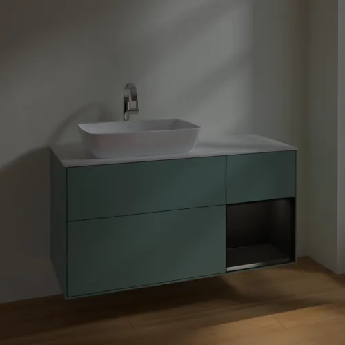 VILLEROY BOCH Finion Waschbeckenunterschrank, mit Beleuchtung, 3 Auszüge, 1200 x 603 x 501 mm, Olive Matt Lacquer / Black Matt Lacquer / Glass White Matt #F811PDGM, Bild 5