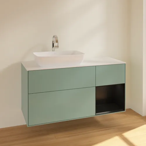 VILLEROY BOCH Finion Waschbeckenunterschrank, mit Beleuchtung, 3 Auszüge, 1200 x 603 x 501 mm, Olive Matt Lacquer / Black Matt Lacquer / Glass White Matt #F811PDGM, Bild 2