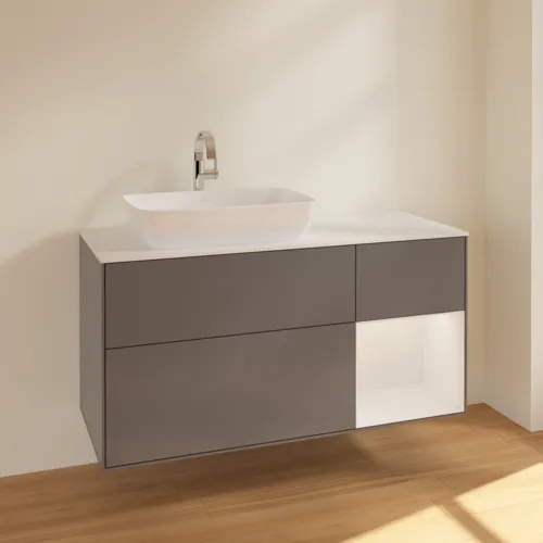 Obrázek VILLEROY BOCH Toaletní skříňka Finion, s osvětlením, 3 výsuvy, 1200 x 603 x 501 mm, antracit matný lak / lesklý bílý lak / sklo bílé matné #F811GFGK