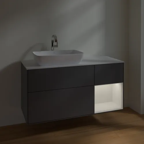 Obrázek VILLEROY BOCH Toaletní skříňka Finion, s osvětlením, 3 výsuvy, 1200 x 603 x 501 mm, antracit matný lak / lesklý bílý lak / sklo bílé matné #F811GFGK