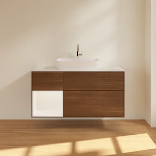Bild von VILLEROY BOCH Finion Waschbeckenunterschrank, mit Beleuchtung, 3 Auszüge, 1200 x 603 x 501 mm, Walnut Veneer / White Matt Lacquer / Glass White Matt #F821MTGN