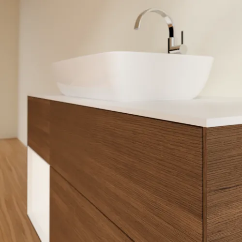 Bild von VILLEROY BOCH Finion Waschbeckenunterschrank, mit Beleuchtung, 3 Auszüge, 1200 x 603 x 501 mm, Walnut Veneer / White Matt Lacquer / Glass White Matt #F821MTGN