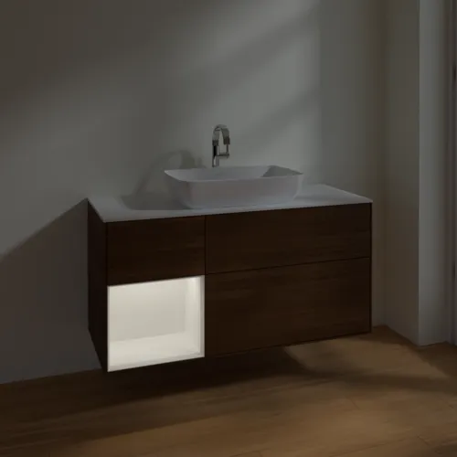Bild von VILLEROY BOCH Finion Waschbeckenunterschrank, mit Beleuchtung, 3 Auszüge, 1200 x 603 x 501 mm, Walnut Veneer / White Matt Lacquer / Glass White Matt #F821MTGN