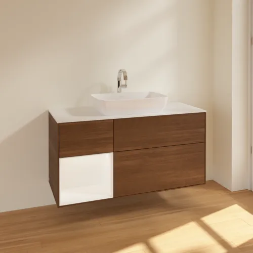 Bild von VILLEROY BOCH Finion Waschbeckenunterschrank, mit Beleuchtung, 3 Auszüge, 1200 x 603 x 501 mm, Walnut Veneer / White Matt Lacquer / Glass White Matt #F821MTGN