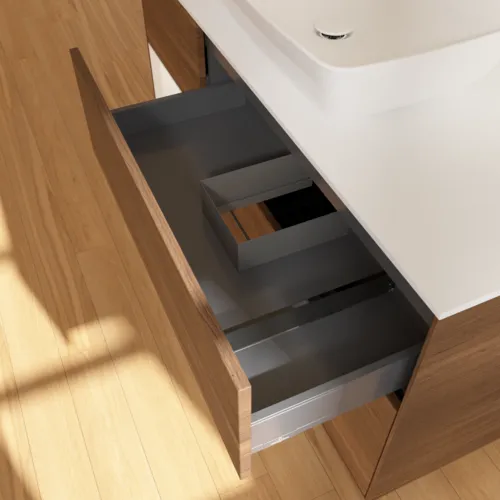 Bild von VILLEROY BOCH Finion Waschbeckenunterschrank, mit Beleuchtung, 3 Auszüge, 1200 x 603 x 501 mm, Walnut Veneer / White Matt Lacquer / Glass White Matt #F821MTGN