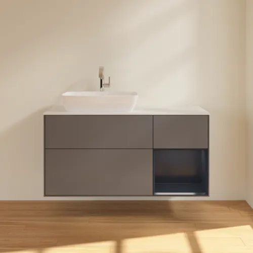 Bild von VILLEROY BOCH Finion Waschbeckenunterschrank, mit Beleuchtung, 3 Auszüge, 1200 x 603 x 501 mm, Anthracite Matt Lacquer / Midnight Blue Matt Lacquer / Glass White Matt #F811HGGK