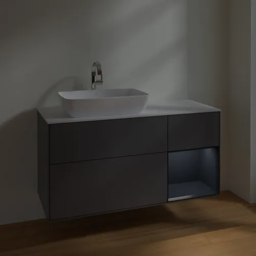 Bild von VILLEROY BOCH Finion Waschbeckenunterschrank, mit Beleuchtung, 3 Auszüge, 1200 x 603 x 501 mm, Anthracite Matt Lacquer / Midnight Blue Matt Lacquer / Glass White Matt #F811HGGK