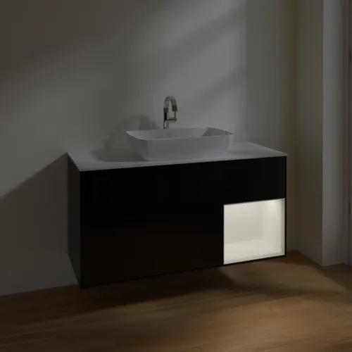 Bild von VILLEROY BOCH Finion Waschbeckenunterschrank, mit Beleuchtung, 3 Auszüge, 1200 x 603 x 501 mm, Black Matt Lacquer / White Matt Lacquer / Glass White Matt #F831MTPD