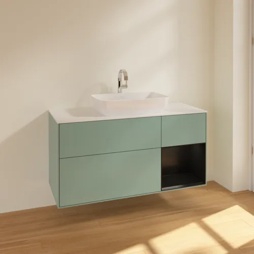 Bild von VILLEROY BOCH Finion Waschbeckenunterschrank, mit Beleuchtung, 3 Auszüge, 1200 x 603 x 501 mm, Olive Matt Lacquer / Black Matt Lacquer / Glass White Matt #F831PDGM