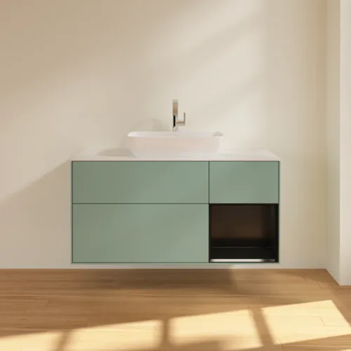 Bild von VILLEROY BOCH Finion Waschbeckenunterschrank, mit Beleuchtung, 3 Auszüge, 1200 x 603 x 501 mm, Olive Matt Lacquer / Black Matt Lacquer / Glass White Matt #F831PDGM