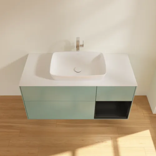 Bild von VILLEROY BOCH Finion Waschbeckenunterschrank, mit Beleuchtung, 3 Auszüge, 1200 x 603 x 501 mm, Olive Matt Lacquer / Black Matt Lacquer / Glass White Matt #F831PDGM