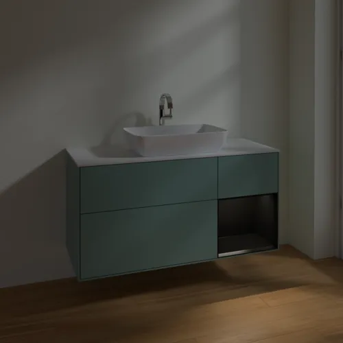 Bild von VILLEROY BOCH Finion Waschbeckenunterschrank, mit Beleuchtung, 3 Auszüge, 1200 x 603 x 501 mm, Olive Matt Lacquer / Black Matt Lacquer / Glass White Matt #F831PDGM