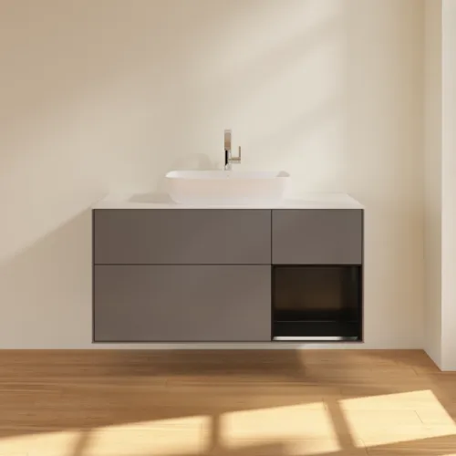 Bild von VILLEROY BOCH Finion Waschbeckenunterschrank, mit Beleuchtung, 3 Auszüge, 1200 x 603 x 501 mm, Anthracite Matt Lacquer / Black Matt Lacquer / Glass White Matt #F831PDGK