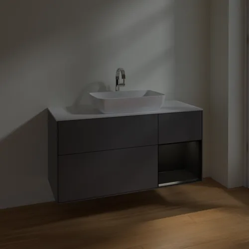 Bild von VILLEROY BOCH Finion Waschbeckenunterschrank, mit Beleuchtung, 3 Auszüge, 1200 x 603 x 501 mm, Anthracite Matt Lacquer / Black Matt Lacquer / Glass White Matt #F831PDGK