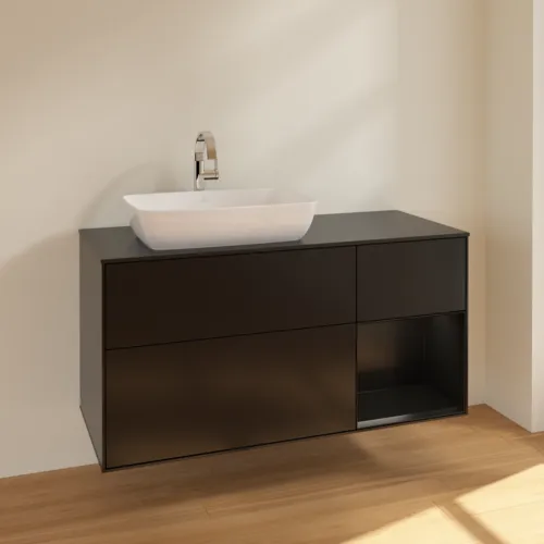 Bild von VILLEROY BOCH Finion Waschbeckenunterschrank, mit Beleuchtung, 3 Auszüge, 1200 x 603 x 501 mm, Black Matt Lacquer / Black Matt Lacquer / Glass Black Matt #F812PDPD