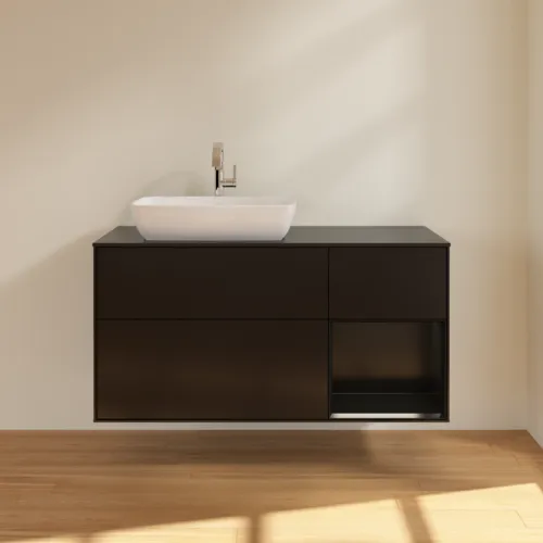 Bild von VILLEROY BOCH Finion Waschbeckenunterschrank, mit Beleuchtung, 3 Auszüge, 1200 x 603 x 501 mm, Black Matt Lacquer / Black Matt Lacquer / Glass Black Matt #F812PDPD