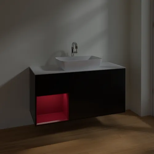 VILLEROY BOCH Finion Waschbeckenunterschrank, mit Beleuchtung, 3 Auszüge, 1200 x 603 x 501 mm, Black Matt Lacquer / Peony Matt Lacquer / Glass White Matt #F821HBPD, Bild 5