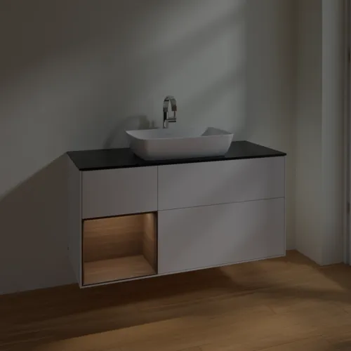 Picture of VILLEROY BOCH Finion Vanity unit, with lighting, 3 pull-out compartments, 1200 x 603 x 501 mm, White Matt Lacquer / Walnut Veneer / Glass Black Matt #F822GNMT
