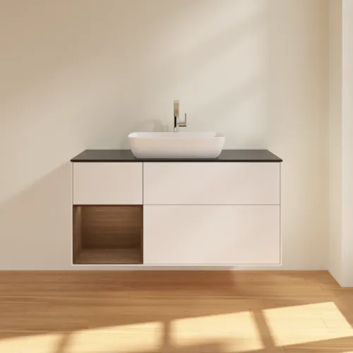 Picture of VILLEROY BOCH Finion Vanity unit, with lighting, 3 pull-out compartments, 1200 x 603 x 501 mm, White Matt Lacquer / Walnut Veneer / Glass Black Matt #F822GNMT