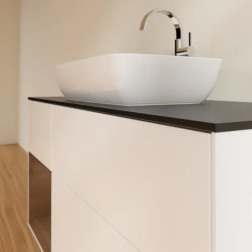 Picture of VILLEROY BOCH Finion Vanity unit, with lighting, 3 pull-out compartments, 1200 x 603 x 501 mm, White Matt Lacquer / Walnut Veneer / Glass Black Matt #F822GNMT