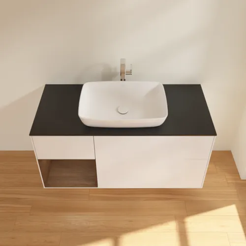 Picture of VILLEROY BOCH Finion Vanity unit, with lighting, 3 pull-out compartments, 1200 x 603 x 501 mm, White Matt Lacquer / Walnut Veneer / Glass Black Matt #F822GNMT
