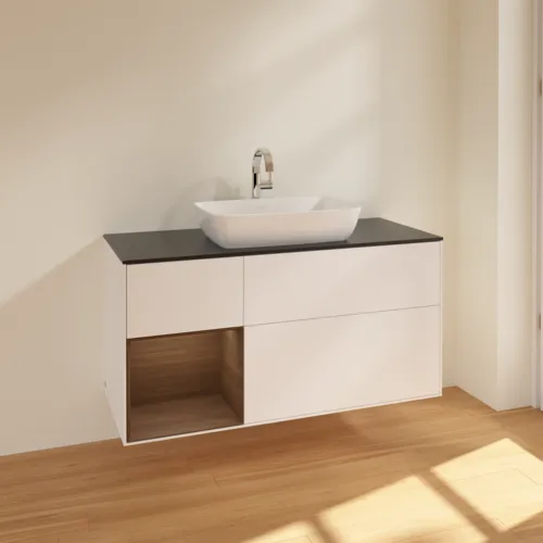 Picture of VILLEROY BOCH Finion Vanity unit, with lighting, 3 pull-out compartments, 1200 x 603 x 501 mm, White Matt Lacquer / Walnut Veneer / Glass Black Matt #F822GNMT