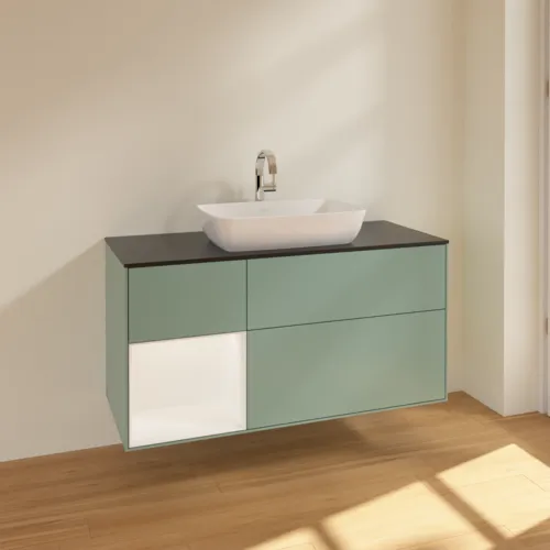 Bild von VILLEROY BOCH Finion Waschbeckenunterschrank, mit Beleuchtung, 3 Auszüge, 1200 x 603 x 501 mm, Olive Matt Lacquer / White Matt Lacquer / Glass Black Matt #F822MTGM