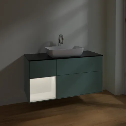 Bild von VILLEROY BOCH Finion Waschbeckenunterschrank, mit Beleuchtung, 3 Auszüge, 1200 x 603 x 501 mm, Olive Matt Lacquer / White Matt Lacquer / Glass Black Matt #F822MTGM
