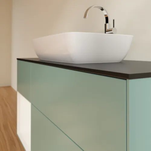 Bild von VILLEROY BOCH Finion Waschbeckenunterschrank, mit Beleuchtung, 3 Auszüge, 1200 x 603 x 501 mm, Olive Matt Lacquer / White Matt Lacquer / Glass Black Matt #F822MTGM