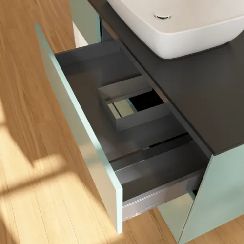 Bild von VILLEROY BOCH Finion Waschbeckenunterschrank, mit Beleuchtung, 3 Auszüge, 1200 x 603 x 501 mm, Olive Matt Lacquer / White Matt Lacquer / Glass Black Matt #F822MTGM