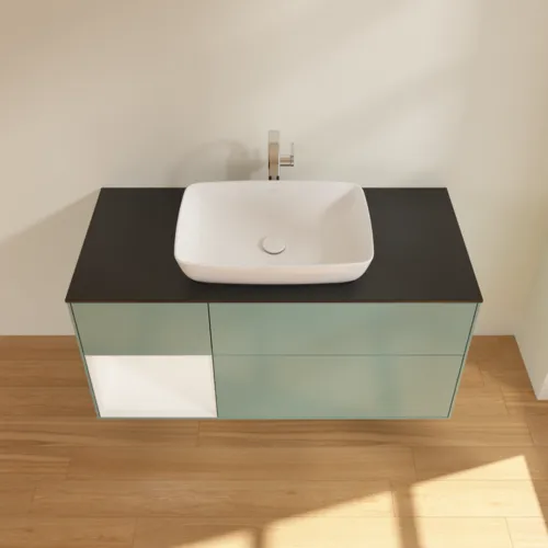 Bild von VILLEROY BOCH Finion Waschbeckenunterschrank, mit Beleuchtung, 3 Auszüge, 1200 x 603 x 501 mm, Olive Matt Lacquer / White Matt Lacquer / Glass Black Matt #F822MTGM