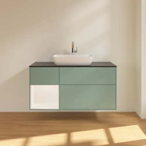 Bild von VILLEROY BOCH Finion Waschbeckenunterschrank, mit Beleuchtung, 3 Auszüge, 1200 x 603 x 501 mm, Olive Matt Lacquer / White Matt Lacquer / Glass Black Matt #F822MTGM