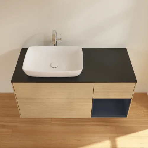 VILLEROY BOCH Finion Waschbeckenunterschrank, mit Beleuchtung, 3 Auszüge, 1200 x 603 x 501 mm, Oak Veneer / Midnight Blue Matt Lacquer / Glass Black Matt #F812HGPC, Bild 4